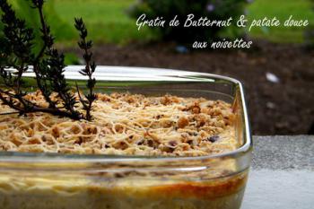 Gratin de courge butternut et patate douce aux noisettes